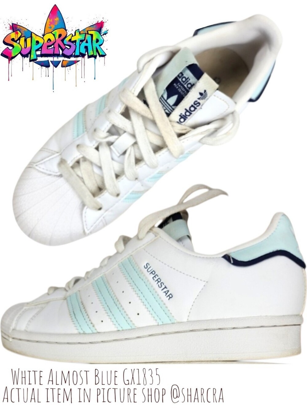 Adidas Superstar Women's White Almost Blue GX1835 Lace Up Chunky Sneakers Shoe 6